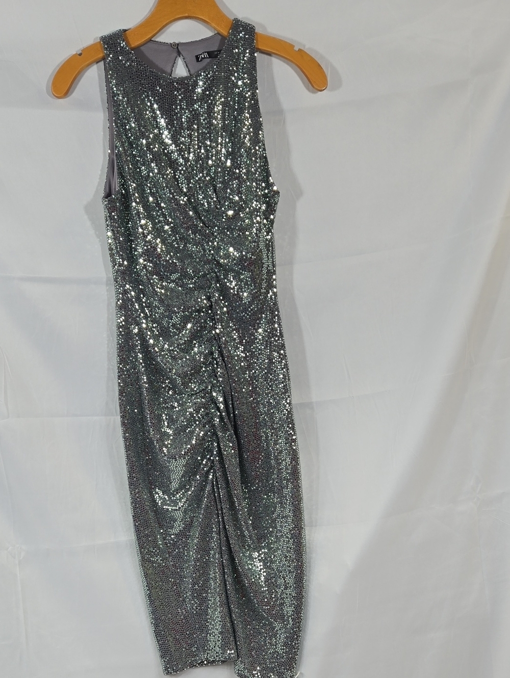 Zara Greenish Silver Sequin Sleeveless Dress M Front Rouching